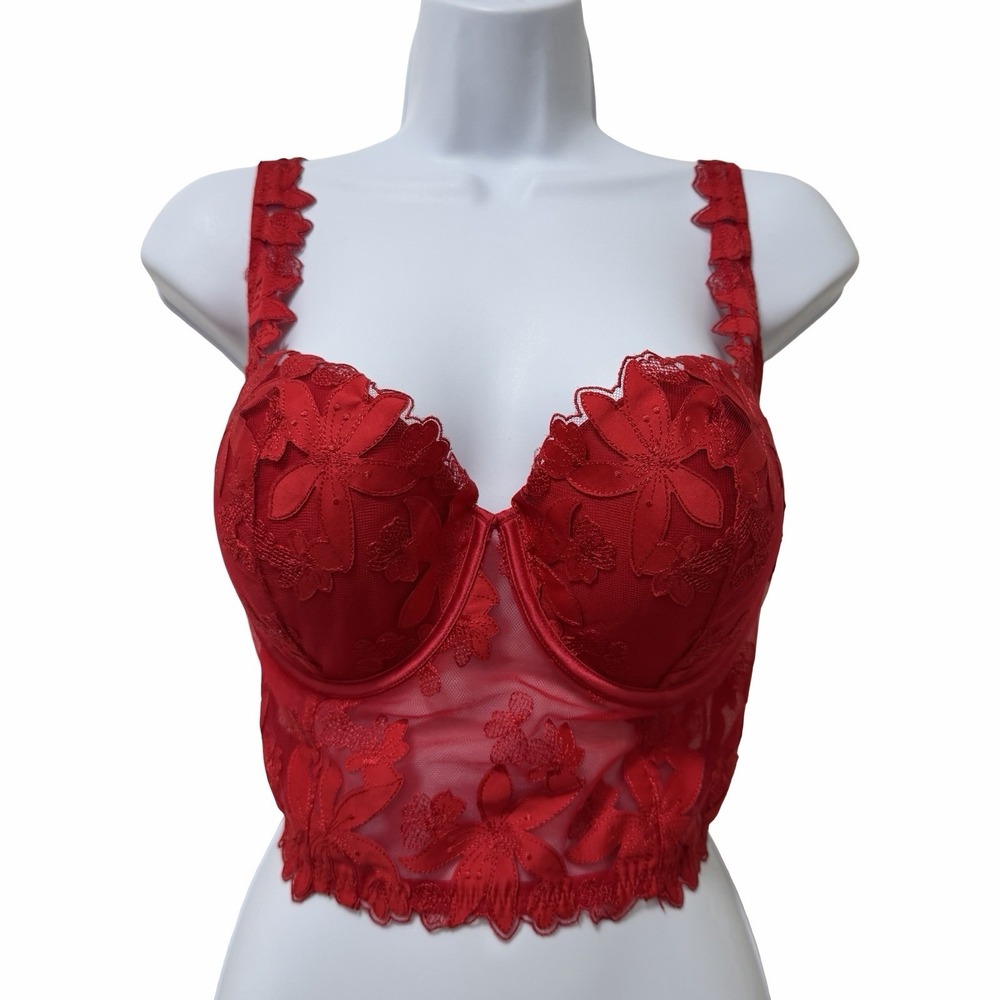 Victorias Secret Luxe Lingerie Lightly Lined Floral Lace Bustier Size 36DD Red